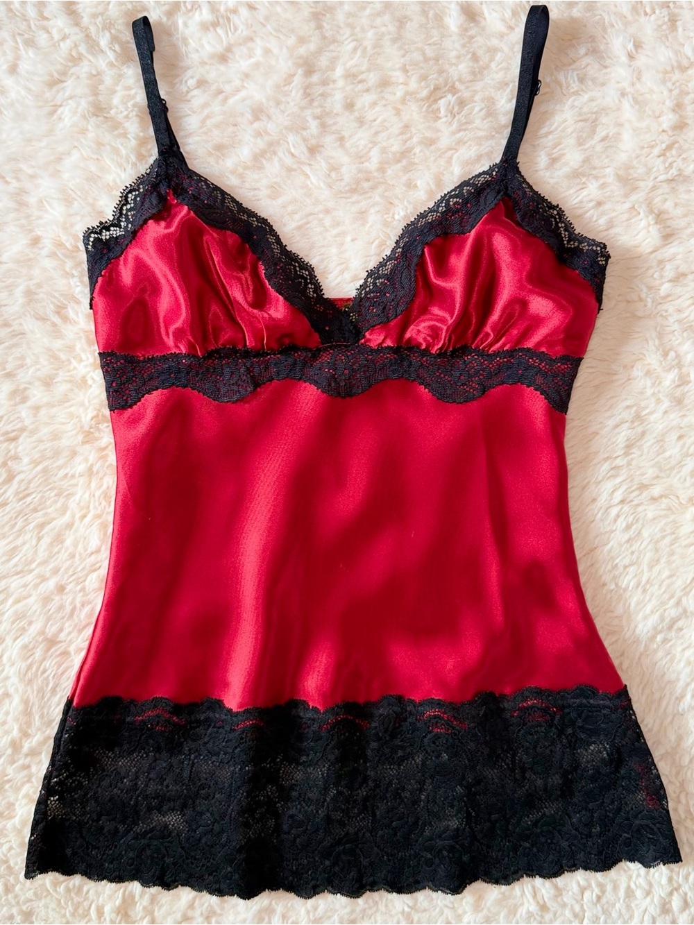 Y2K Vintage Do & Be Red Satin Cami Top Lace Trim Grunge Goth Spaghetti Strap M
